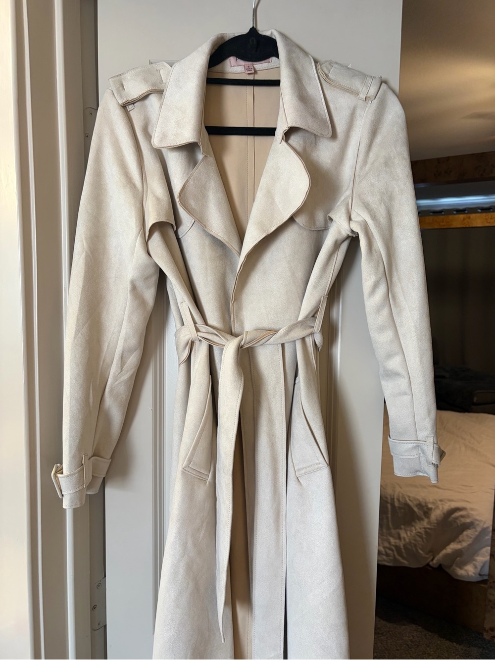 Women's Faux Suede Cream Trench Coat with Waist Tie